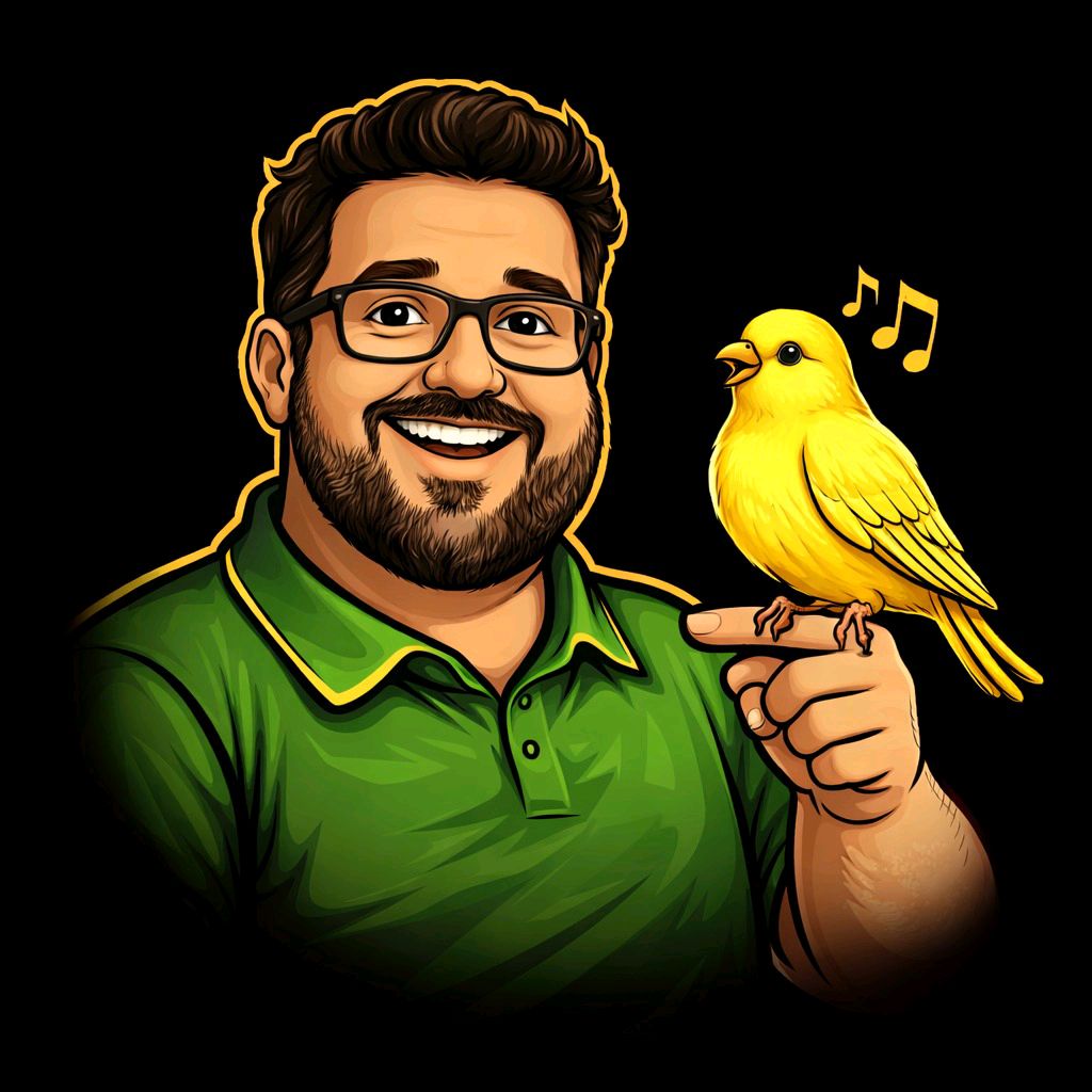 Ilustração do Max sorrindo com um canário amarelo cantando no dedo