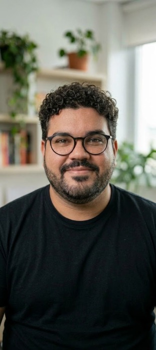 Max sorrindo, de óculos e camiseta preta